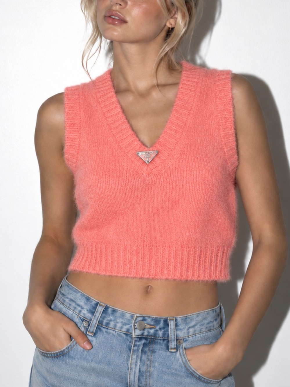 Prada Upcycled emblem on cropped Sleeveless Vest